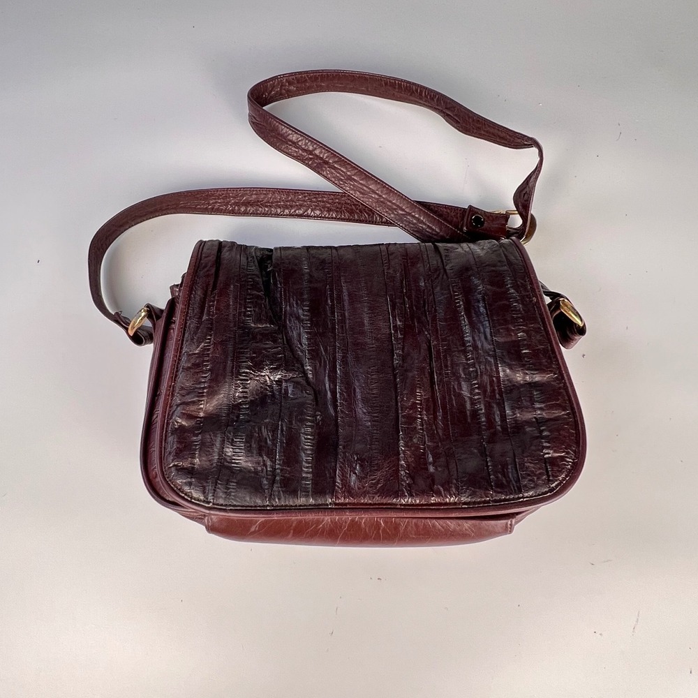 Unbranded Womens Eel Skin Crossbody Bag Paneled Leather Burgundy Mahogany Good